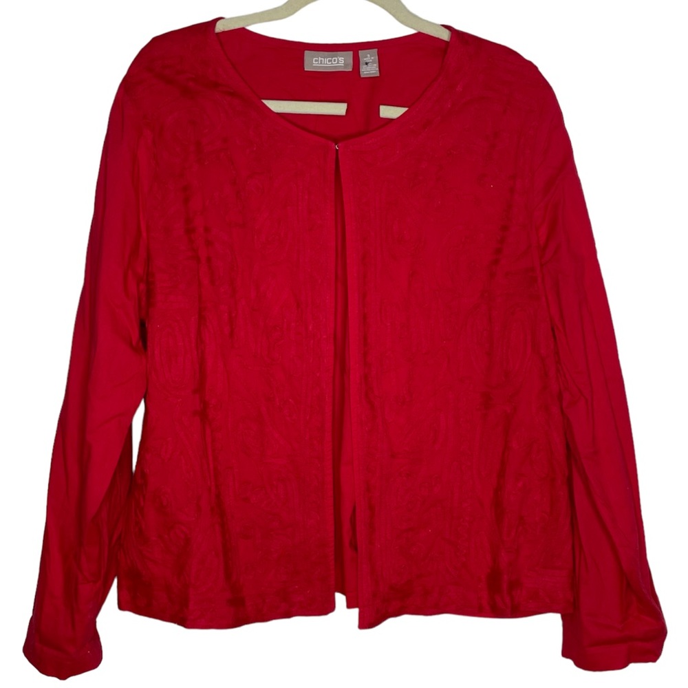 Chico’s red rosette ribbon texture open long sleeve jacket 3/XL Valentine’s Day